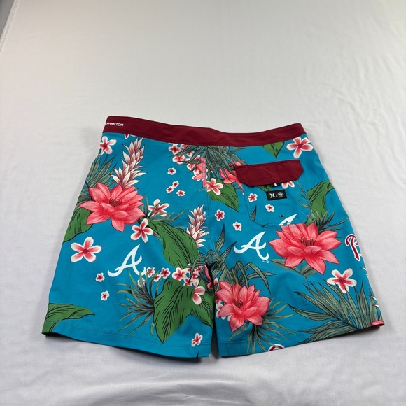 Atlanta Braves Hurley Board Shorts Mens Size 32 Blue Floral Bathing Suit MLB NEW - Picture 9 of 12